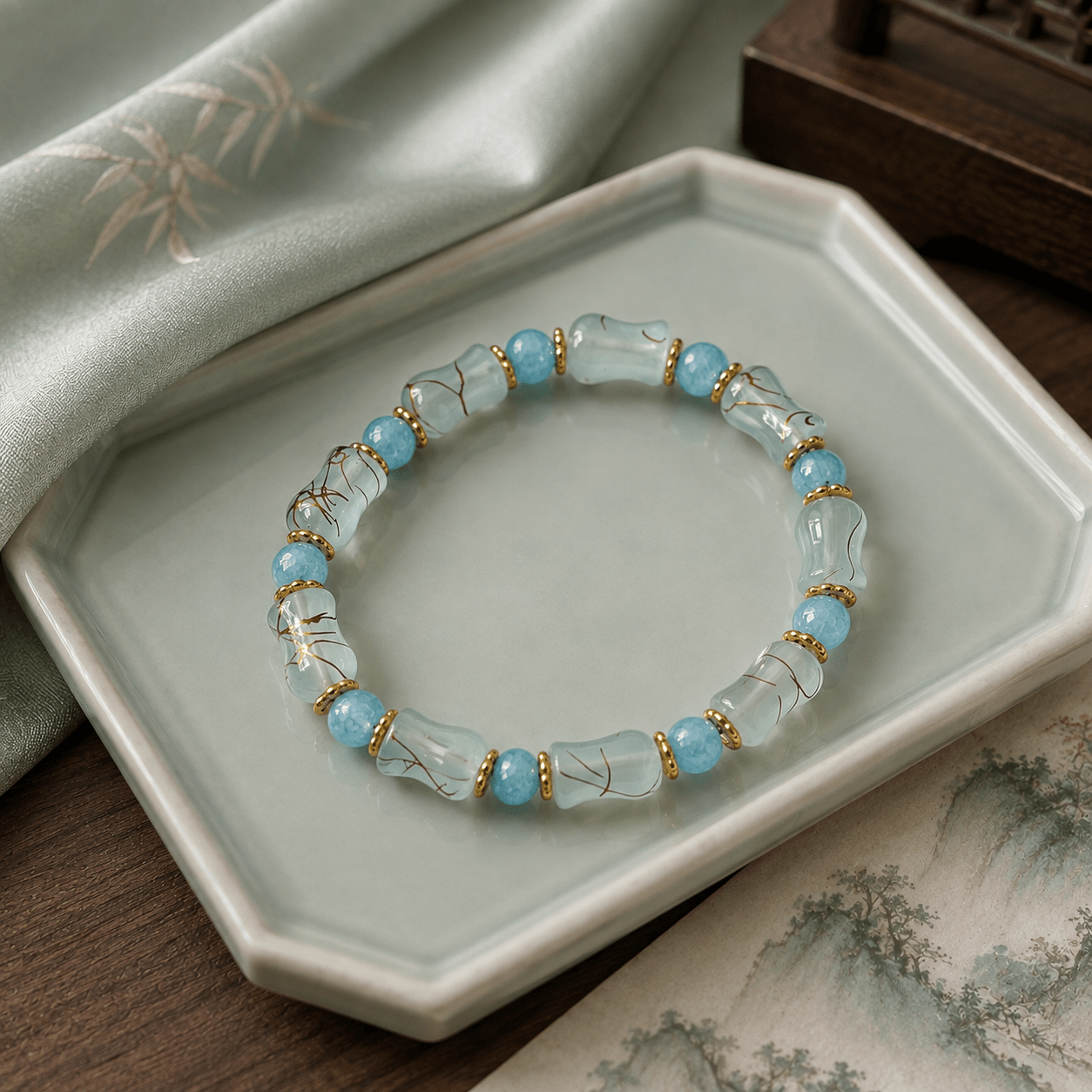 Light Blue Vase Beaded Bracelet, Handmade Vintage Style